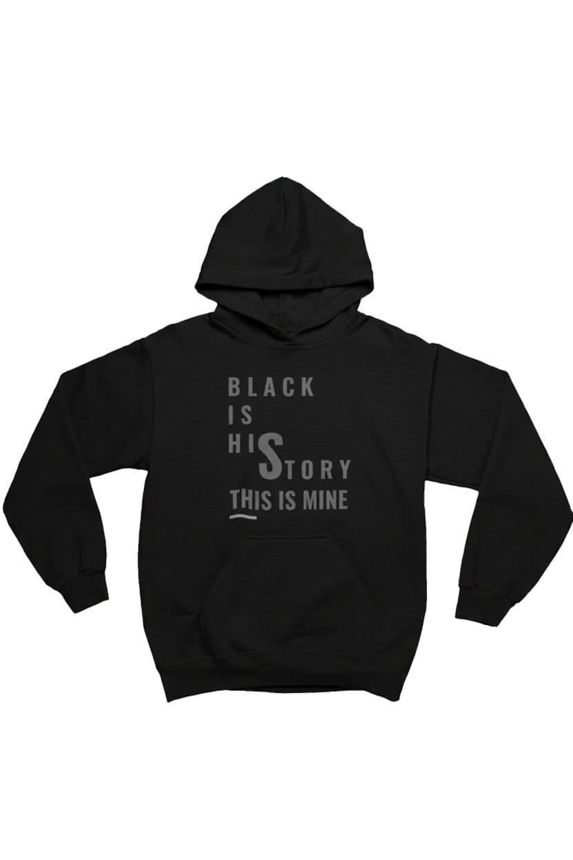 Black hoodie with white text on a white background